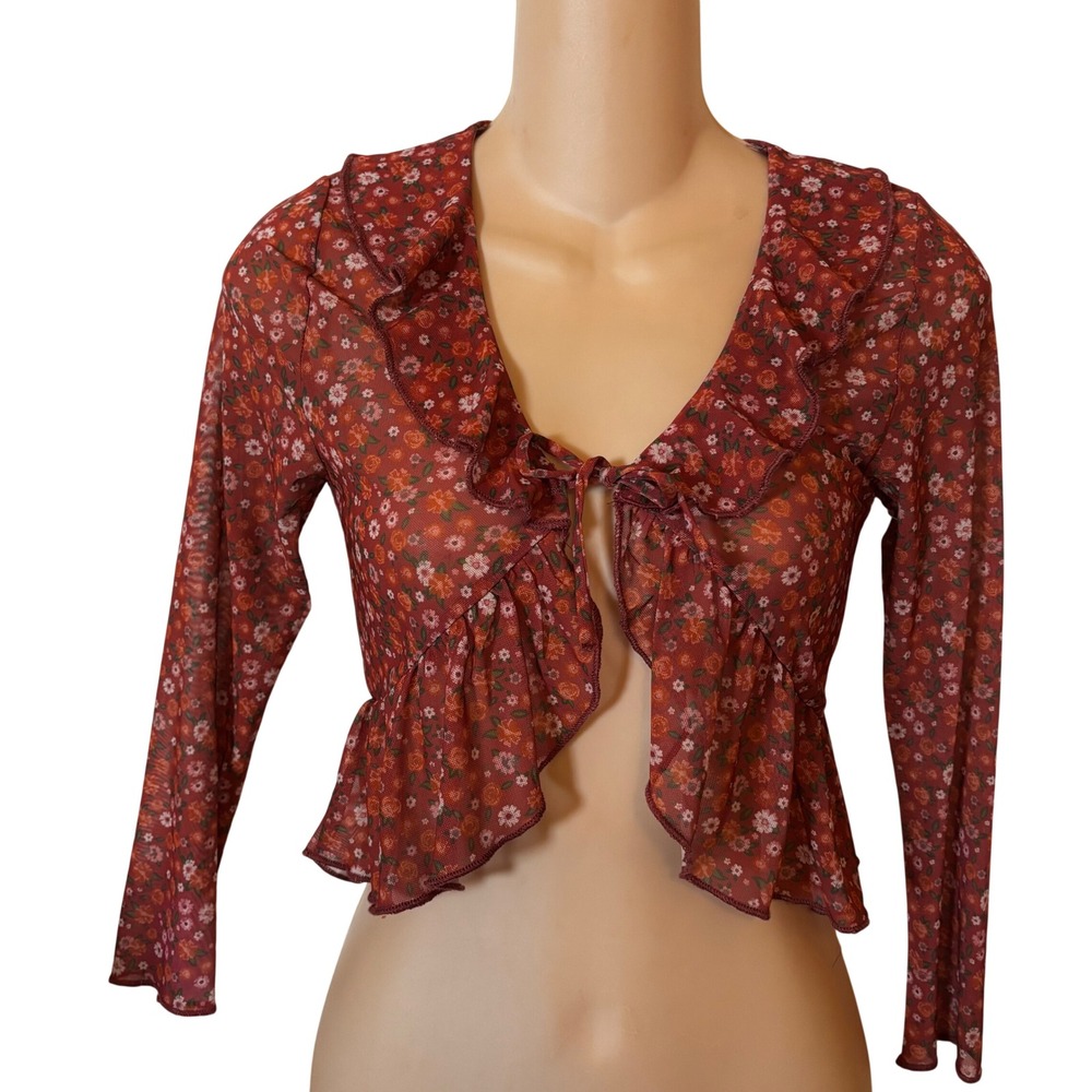 Colorful Planet Women's Crop Top Medium 10 Tie Front Long Sleeve Floral Print